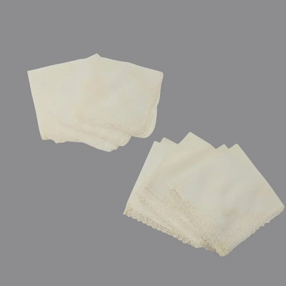 Vintage Napkins Linen Embroidered Crochet Cream 2 Sets